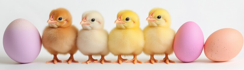 Fototapeta premium Four Fluffy Baby Chicks with Pastel Easter Eggs on White Background