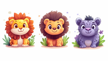 Fototapeta premium Animated cartoon cubs sit together in a grassy area, whimsical background art