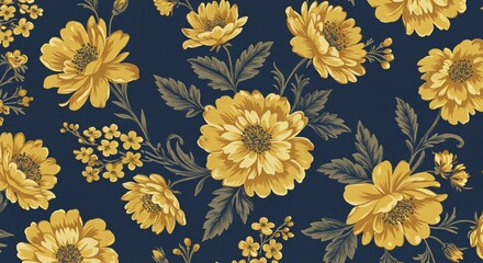 Golden Yellow Floral Pattern Navy Blue Background. AI Generated