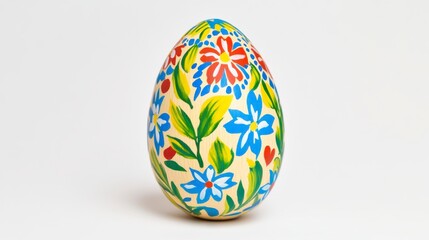 Hand Painted Easter Egg with Floral Design on White Background