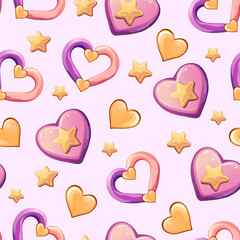 Cute pink love-themed background with hearts and rings. Wedding rings and hearts digital pattern for Valentine’s Day