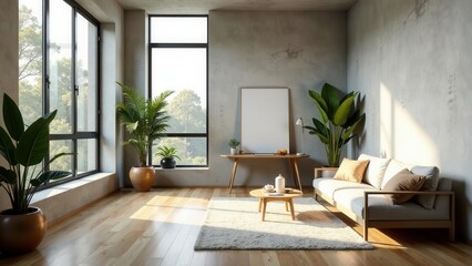 Fototapeta premium Modern minimalist living room design with large windows, hardwood floors, and natural light