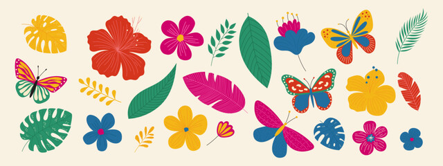 Tropical flowers and leaves set. Hand drawn exotic plants.