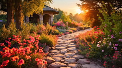 Colorful flower garden at sunset with a winding cobblestone path through vibrant blooms and lush greenery