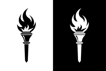Minimalist Flame Torch Silhouette Vector Icon Black and White Background.