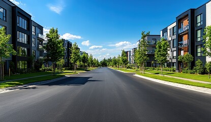 Obraz premium Modern Residential Street with Contemporary Apartment Buildings on a Sunny Day