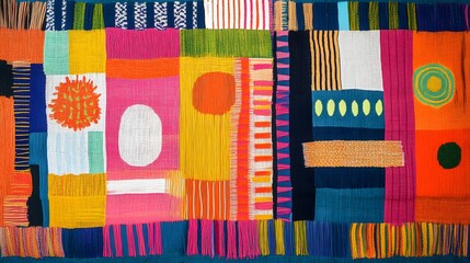 A vibrant carnival-inspired weaving pattern with bold, clashing colors and festive designs