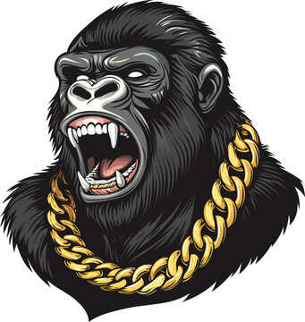 Powerful gorilla wearing a gold chain cartoon isolated on transparent background. Vector illustration.