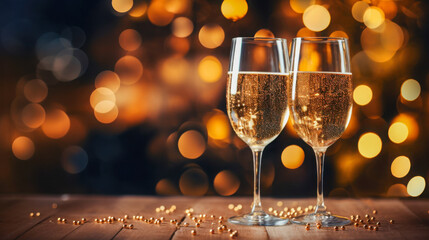 Celebrate special moments with champagne glasses shining against a backdrop of blurred festive lights