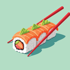 A sushi roll with fresh sashimi and spicy sauce flat vector illustration
