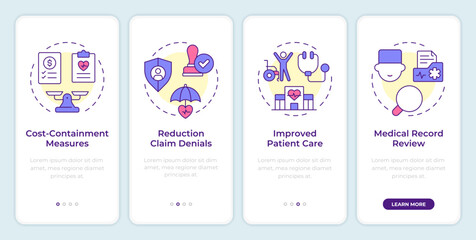 Benefits of utilization management onboarding mobile app screen. Walkthrough 4 steps editable graphic instructions with linear concepts. UI, UX, GUI template. Montserrat SemiBold, Regular fonts used