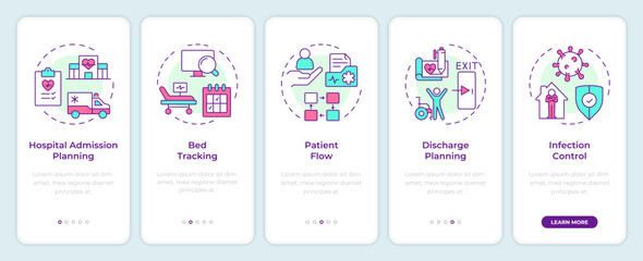 Hospital bed management onboarding mobile app screen. Walkthrough 5 steps editable graphic instructions with linear concepts. UI, UX, GUI template. Montserrat SemiBold, Regular fonts used