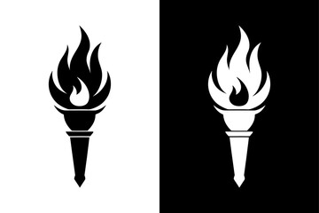 Minimalist Flame Torch Silhouette Vector Icon Black and White Background.