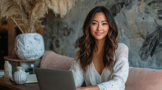 Asian Woman Analyzing Influencer Marketing Analytics on Laptop in Cozy Home Office - Powered by Adobe