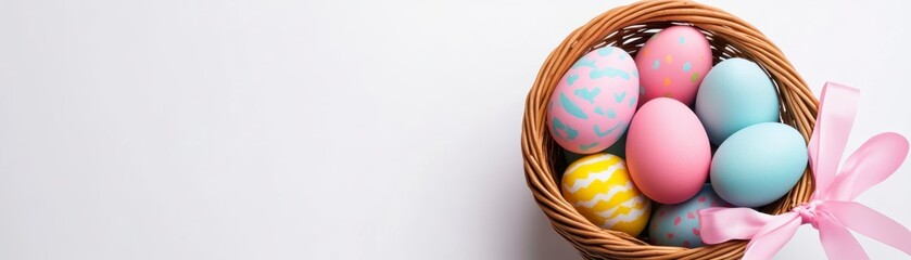 Pastel Easter Eggs in Wicker Basket on White Background