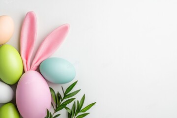 Pastel Easter Eggs with Bunny Ears and Green Leaves on White Background