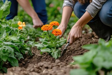 Gardening hands planting orange zinnias with tools in soil, sustainable home gardening concept with eco-friendly lifestyle and plant care theme. 