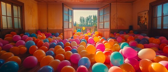 Obraz premium Colorful balloons fill old building room, open doors reveal sunny patio; festive celebration