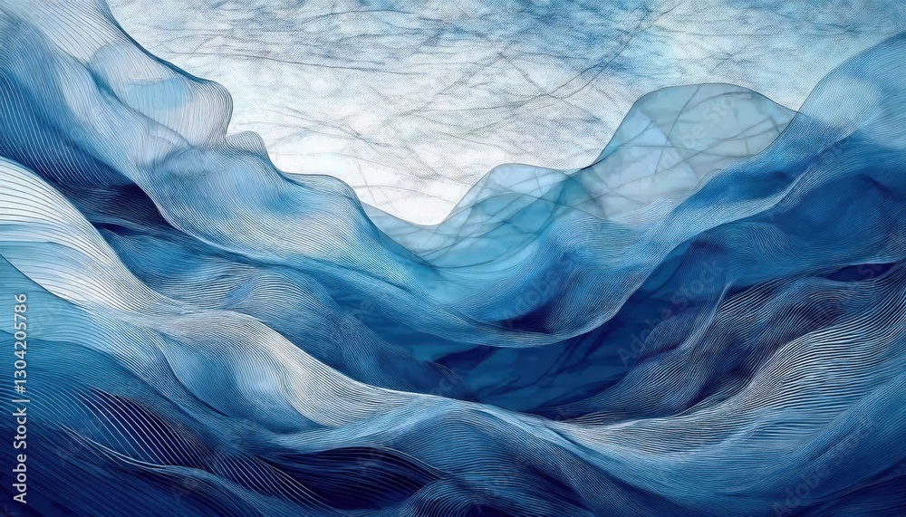 Poster ethereal blue waves of abstract fluid motion, delicate flowing textures resembling fabric for backgr