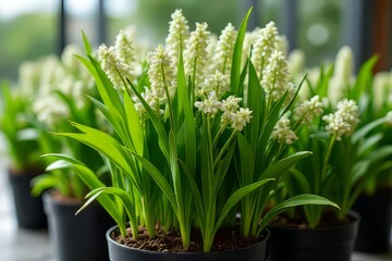 Closeup of White Flowers in Black Pots - Springtime Blooms