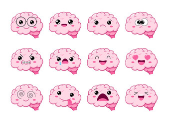 Set of Kawaii Brain Character. Collection of cartoon human brains with different mood. Set of cute brainy characters in different expressions - happy, sad, cry, fear. Vector illustration EPS8