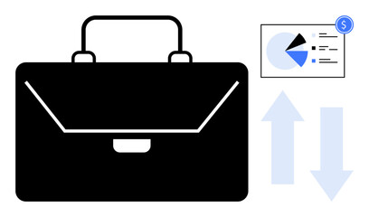Black briefcase next to a business chart showing pie analysis and arrows representing progress and decline. Ideal for finance, analytics, growth, corporate goals, strategy, business trends