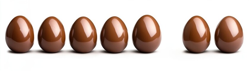 Row of Shiny Brown Chocolate Eggs on White Background
