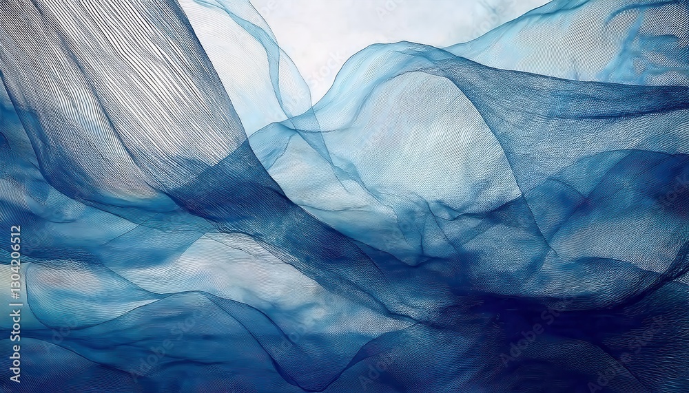 Poster ethereal blue waves of abstract fluid motion, delicate flowing textures resembling fabric for backgr