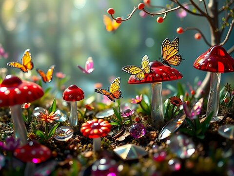 Generative A.I. envisions a magical forest with glowing red mushrooms, sparkling gems, and fluttering butterflies, creating an enchanting fairy-tale scene filled with wonder and fantasy
