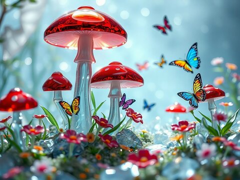 Generative A.I. envisions a magical forest with glowing red mushrooms, sparkling gems, and fluttering butterflies, creating an enchanting fairy-tale scene filled with wonder and fantasy