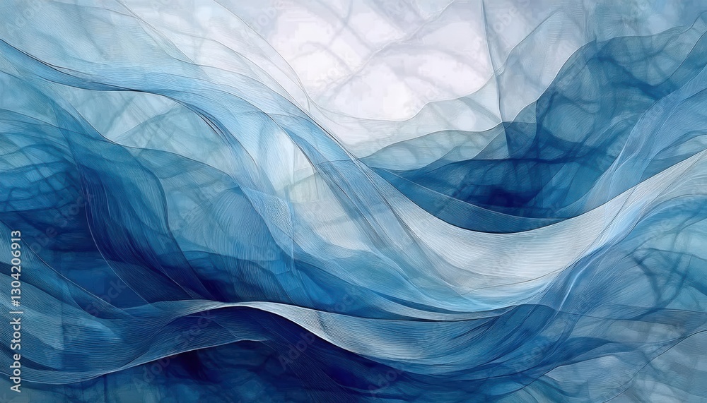 Poster ethereal blue waves of abstract fluid motion, delicate flowing textures resembling fabric for backgr