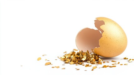 Speckled Gold Eggshell with Golden Confetti on White Background