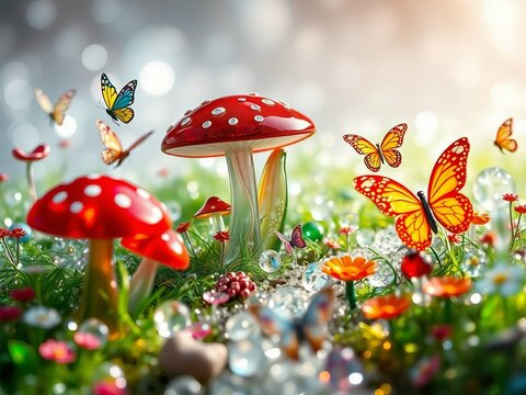 Generative A.I. envisions a magical forest with glowing red mushrooms, sparkling gems, and fluttering butterflies, creating an enchanting fairy-tale scene filled with wonder and fantasy