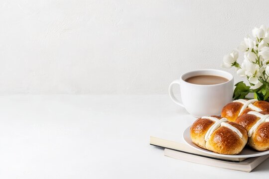 Sweet Hot Cross Buns with Coffee and White Flowers on White Background