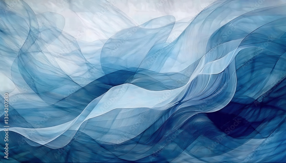 Poster ethereal blue waves of abstract fluid motion, delicate flowing textures resembling fabric for backgr