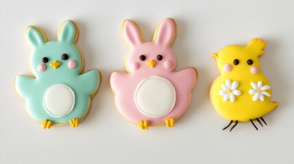 Naklejka premium Three Pastel Easter Cookies Shaped as Bunnies and a Chick on White Background