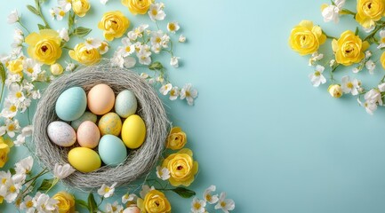 Easter Eggs in a Nest with Flowers