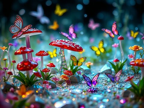 Generative A.I. envisions a magical forest with glowing red mushrooms, sparkling gems, and fluttering butterflies, creating an enchanting fairy-tale scene filled with wonder and fantasy