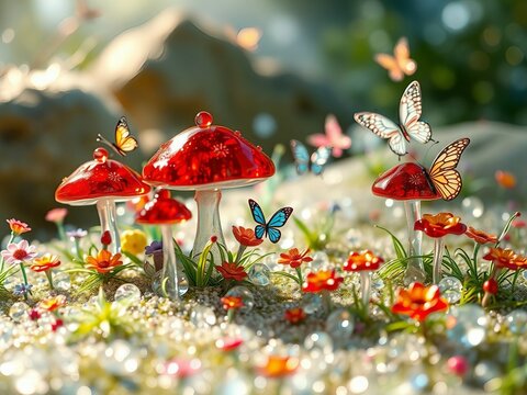 Generative A.I. envisions a magical forest with glowing red mushrooms, sparkling gems, and fluttering butterflies, creating an enchanting fairy-tale scene filled with wonder and fantasy