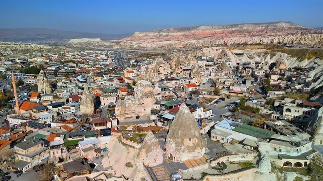 Breathtaking aerial view of Goreme, Cappadocia with surreal landscape of fairy chimneys in Turkey