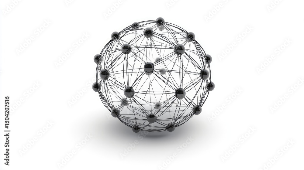 Poster A 3D abstract network sphere on a white background, connected by intricate lines and nodes, representing a web of connections and technology
