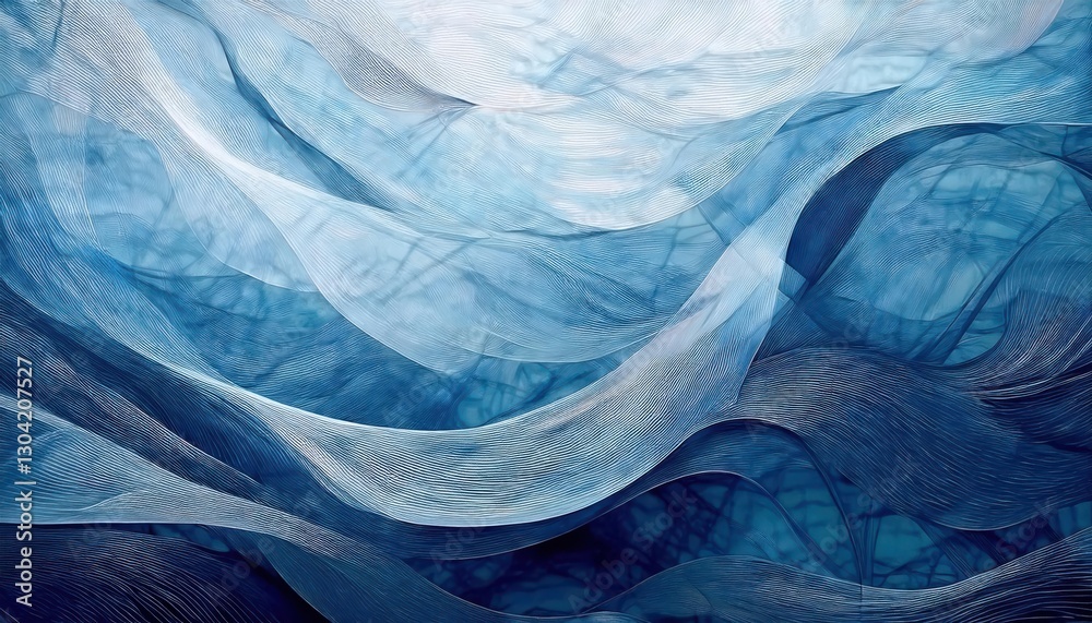 Poster ethereal blue waves of abstract fluid motion, delicate flowing textures resembling fabric for background and design
