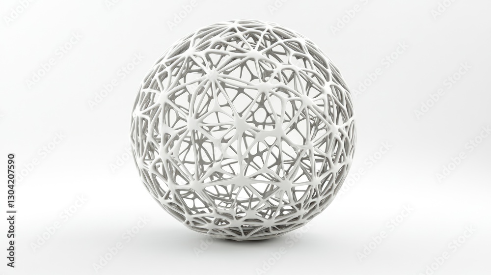 Poster A 3D abstract network sphere on a white background, connected by intricate lines and nodes, representing a web of connections and technology