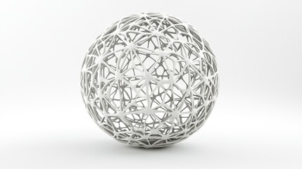 A 3D abstract network sphere on a white background, connected by intricate lines and nodes, representing a web of connections and technology
