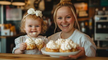 Fototapeta premium Happy Mother and Daughter Enjoying Delicious Dessert