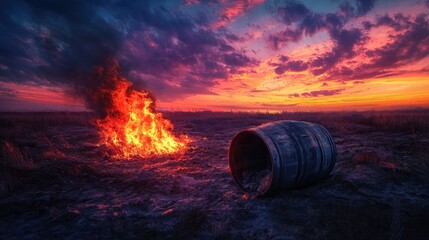 Fototapeta premium A barrel burns with fierce flames in a desolate wasteland, illuminated by the dramatic hues of a brilliantly colored sky, embodying a stark contrast of destruction and vibrancy.