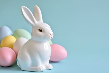 White Ceramic Easter Bunny with Pastel Eggs on Light Blue Background