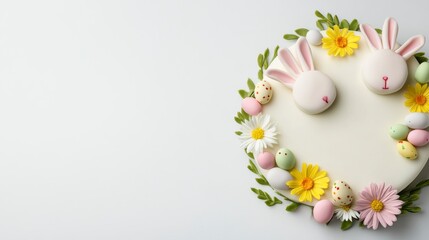 White Easter Cake Decorated with Pastel Fondant Bunnies and Flowers