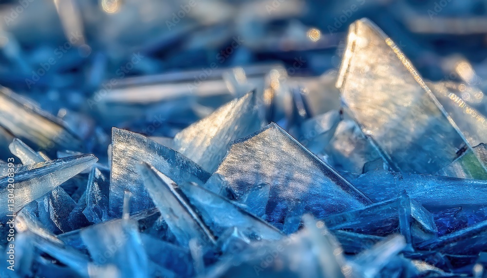 Aufkleber jagged ice shards illuminated by golden light on a cold surface, abstract winter texture with sharp frozen crystal formation

