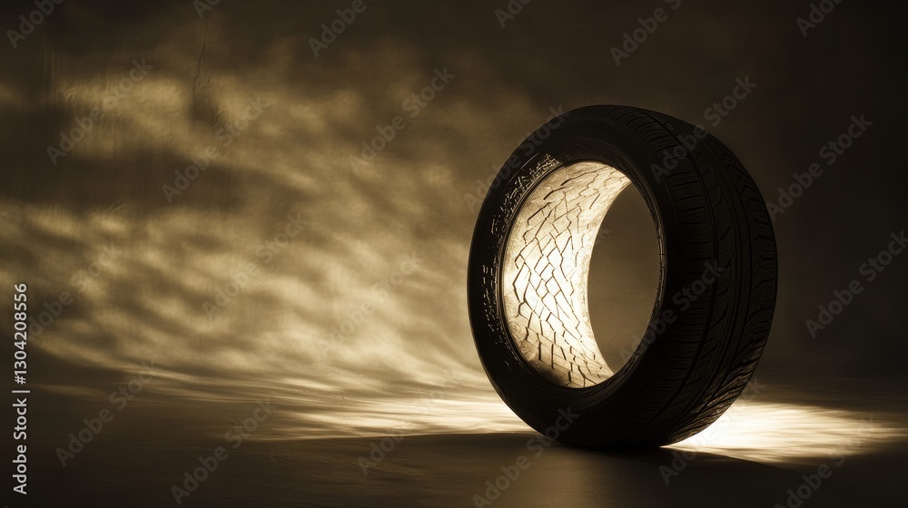 Poster A beautifully lit tire, casting soft shadows that create a dramatic and artistic atmosphere, emphasizing its form and unique texture